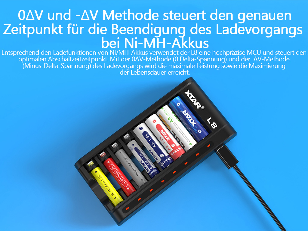 Xtar L8 mit 8 Ladeschächte für 1,5V Li-Ionen und 1,2V NiMH Akkus AA / AAA