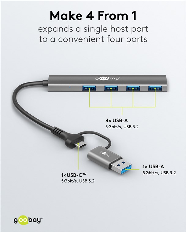 2in1 Slim 4-Port USB-Hub, 5 Gbit/s