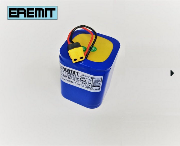 EREMIT 12V 6Ah F2x2 LiFePo4 Akku mit BMS + XT-60 Stecker