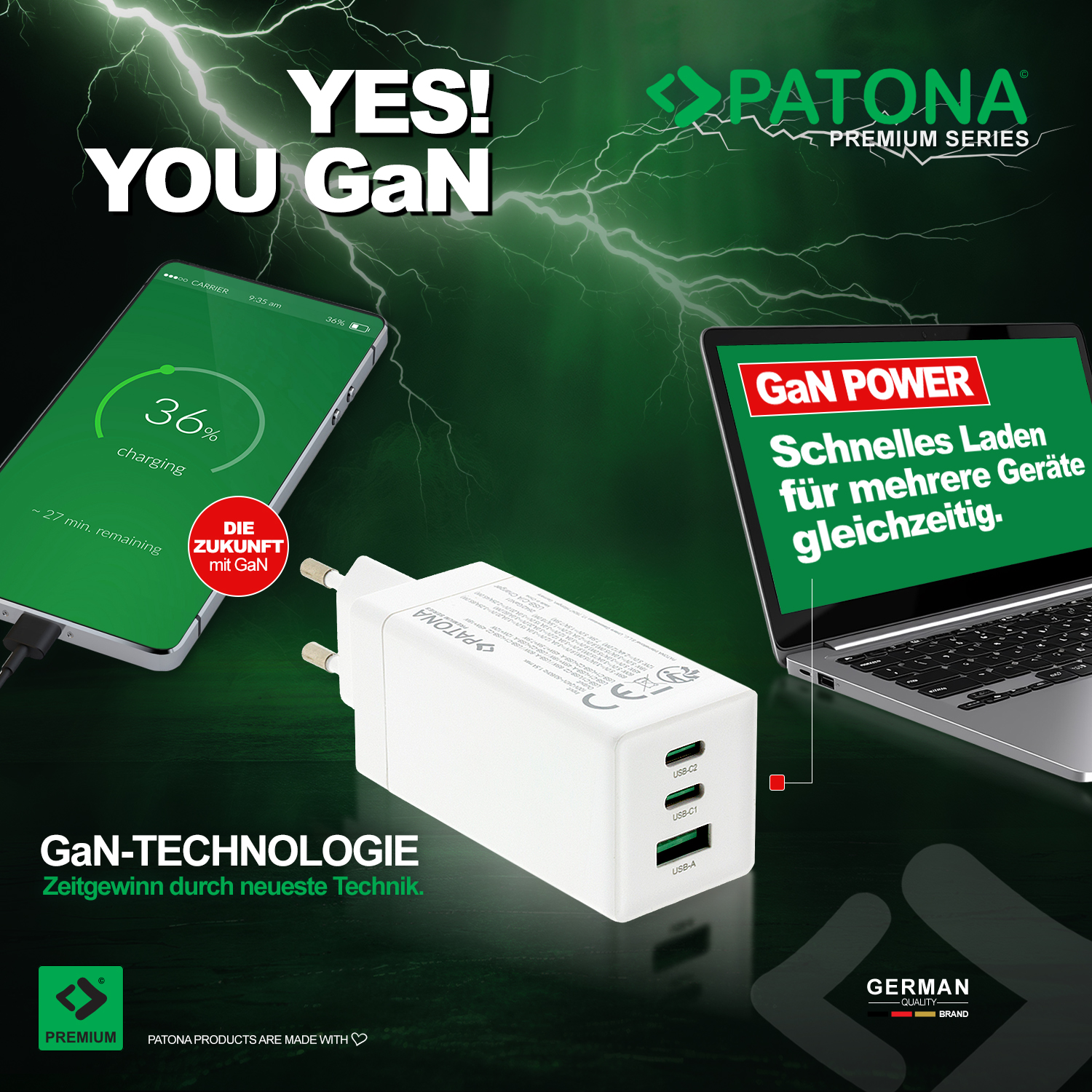 PATONA Premium USB-C Ladegerät, GaN, 35W, 2x USB-C, PD3.0, QC3.0
