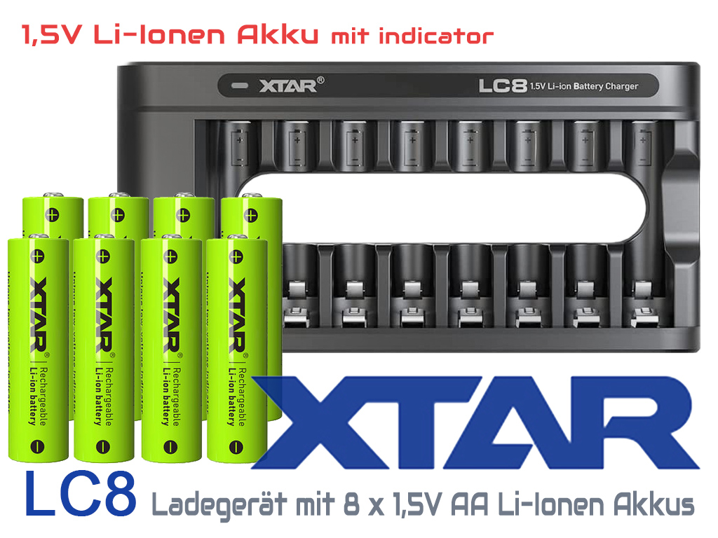 Xtar L8 Ladegerät inkl. 8x AA, LR6, 1.5V 3300mWh Li-Ion Akkus, QC3.0 Netzteil