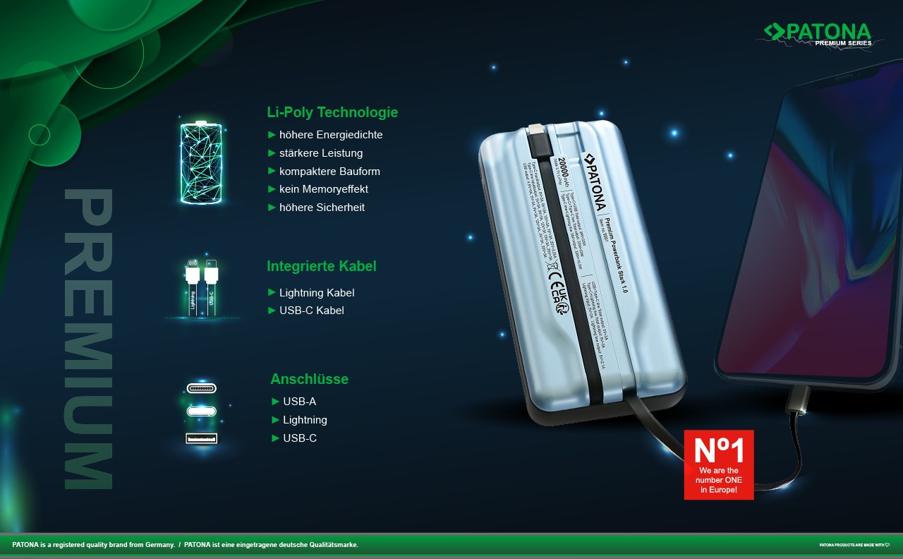 Powerbank Stark 1.0 PD65W 20000mAh mit 2 integrierten Ladekabel USB-C Lightning
