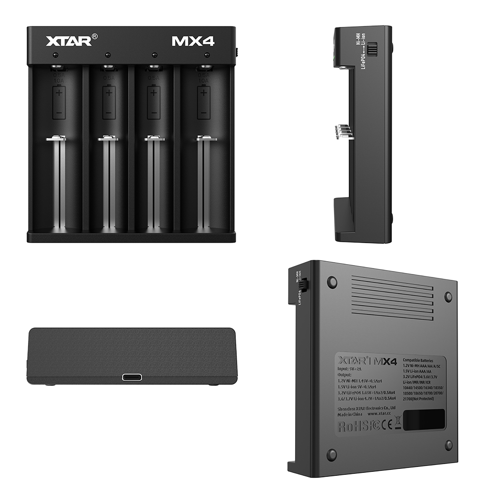 Xtar MX4 Ladegerät für 1.5V Li-Ion + 3.7V, Ni-MH, LiFePO4 Akkus