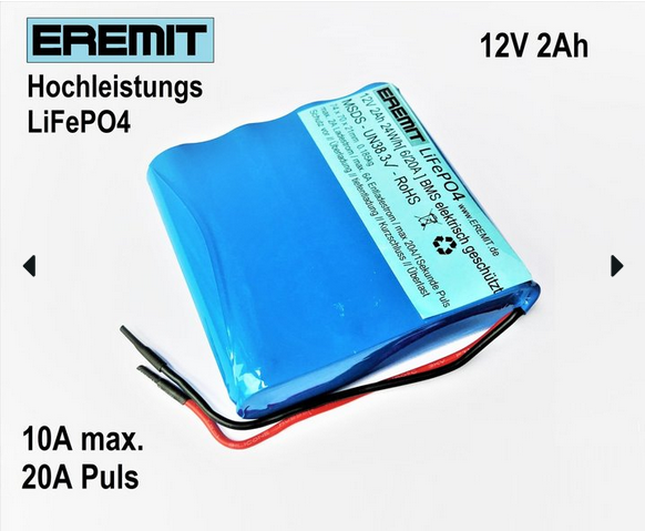 12V 2Ah F1x4 flacher LiFePO4 Akku mit BMS Power Pole Stecker