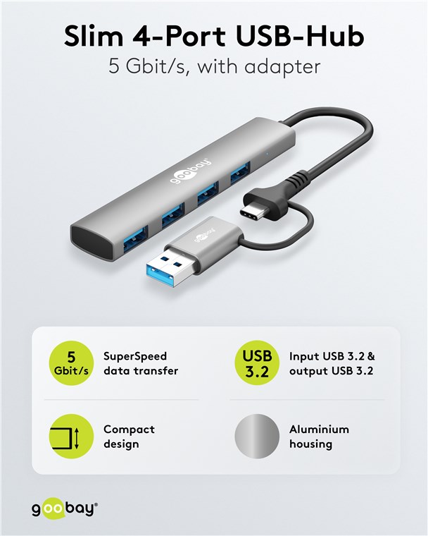 2in1 Slim 4-Port USB-Hub, 5 Gbit/s