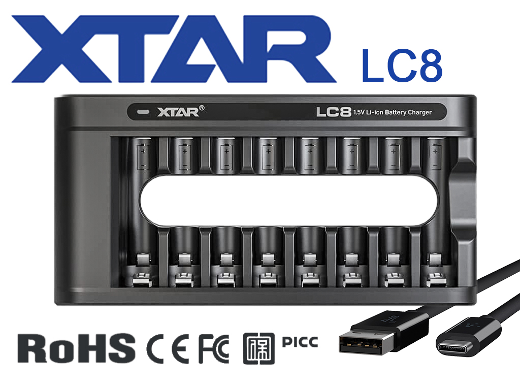 Xtar L8 Ladegerät inkl. 8x AA, LR6, 1.5V 3300mWh Li-Ion Akkus, QC3.0 Netzteil
