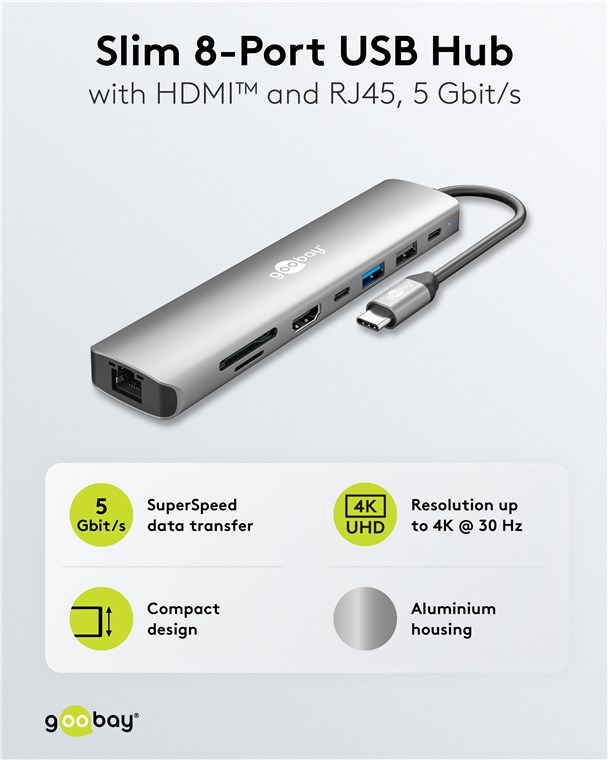 Slim 8-Port USB-Hub mit HDMI und RJ45, 5 Gbit/s, 2x USB-A (USB 3.2, USB 2.0)
