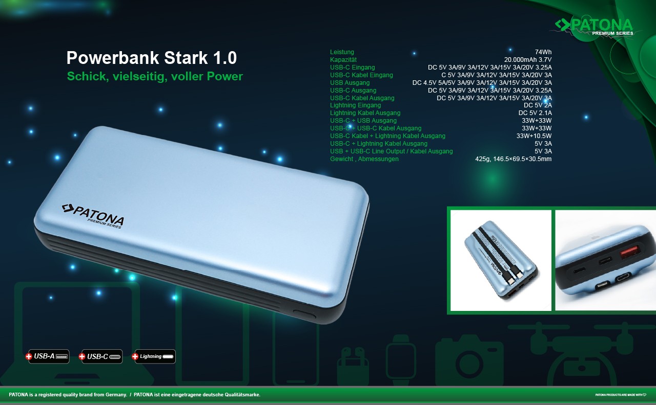 Powerbank Stark 1.0 PD65W 20000mAh mit 2 integrierten Ladekabel USB-C Lightning