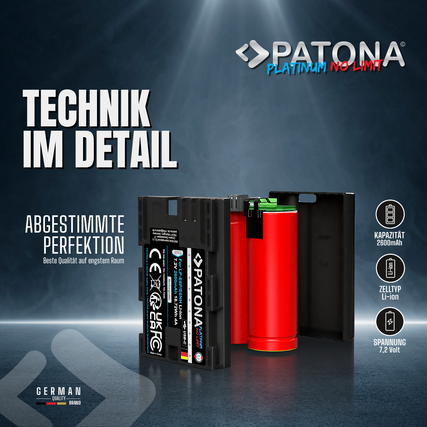 Akku ersetzt Canon LP-E6P, LP-E6NH, LP-E6N, LP-E6, 2600mAh mit USB-C Input