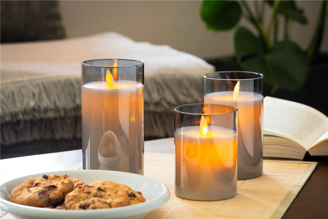 3er-Set LED-Echtwachs-Kerzen im Glas, grau