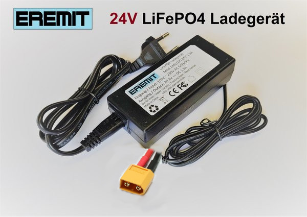 EREMIT 24V 1.5A LiFePO4 Ladegerät mit Hohlstecker 5.5-2.1mm