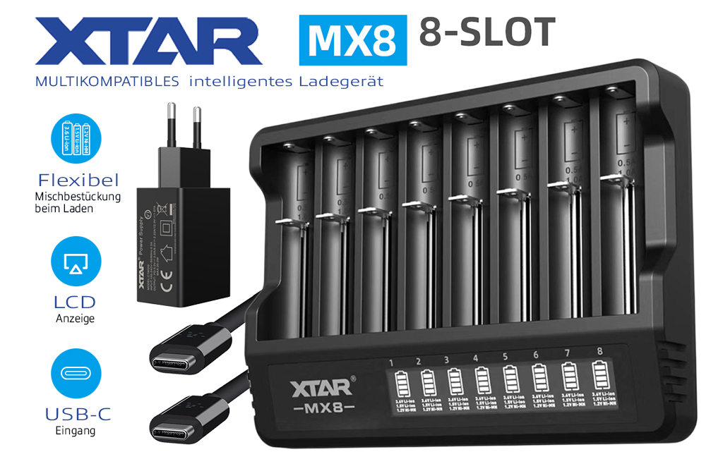 Xtar MX8 Ladegerät für Li-Ion, Ni-MH, LiFePO4 Akkus inkl. USB-C Netzteil