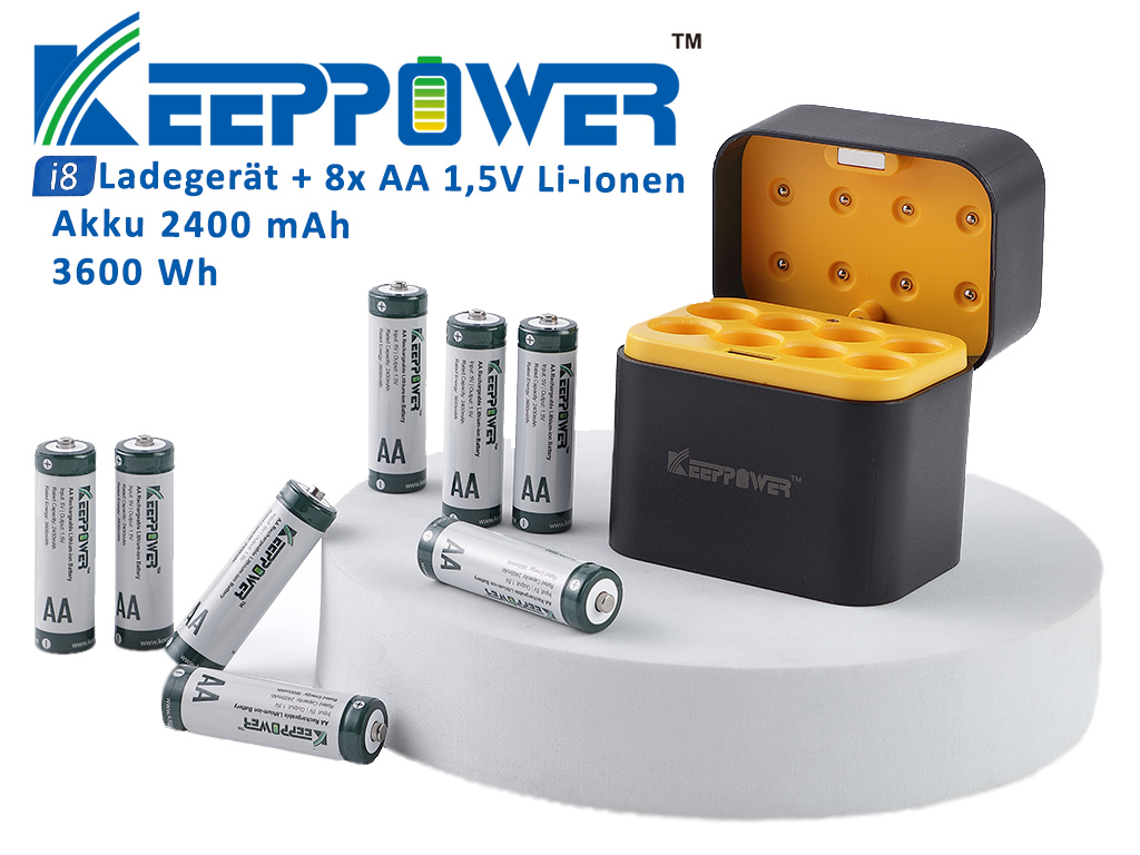 Keeppower I8 Ladegerät mit 8× 1.5V 2400mAh AA, Mignon, Li-Ion Akkus