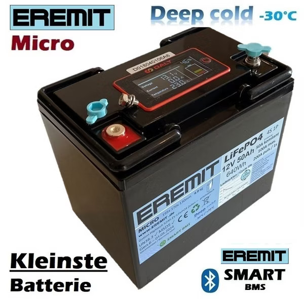 EREMIT 12V 50Ah LiFePo4 Micro Akku, Gen.7 Smart BMS, Deep Cold -30°