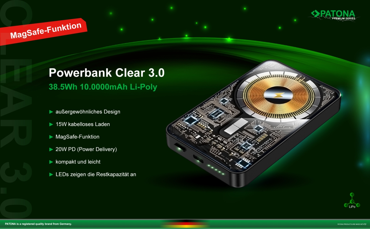 Patona Powerbank Clear 3.0, PD20W, MagSafe, 10000mAh kabellose Ladung