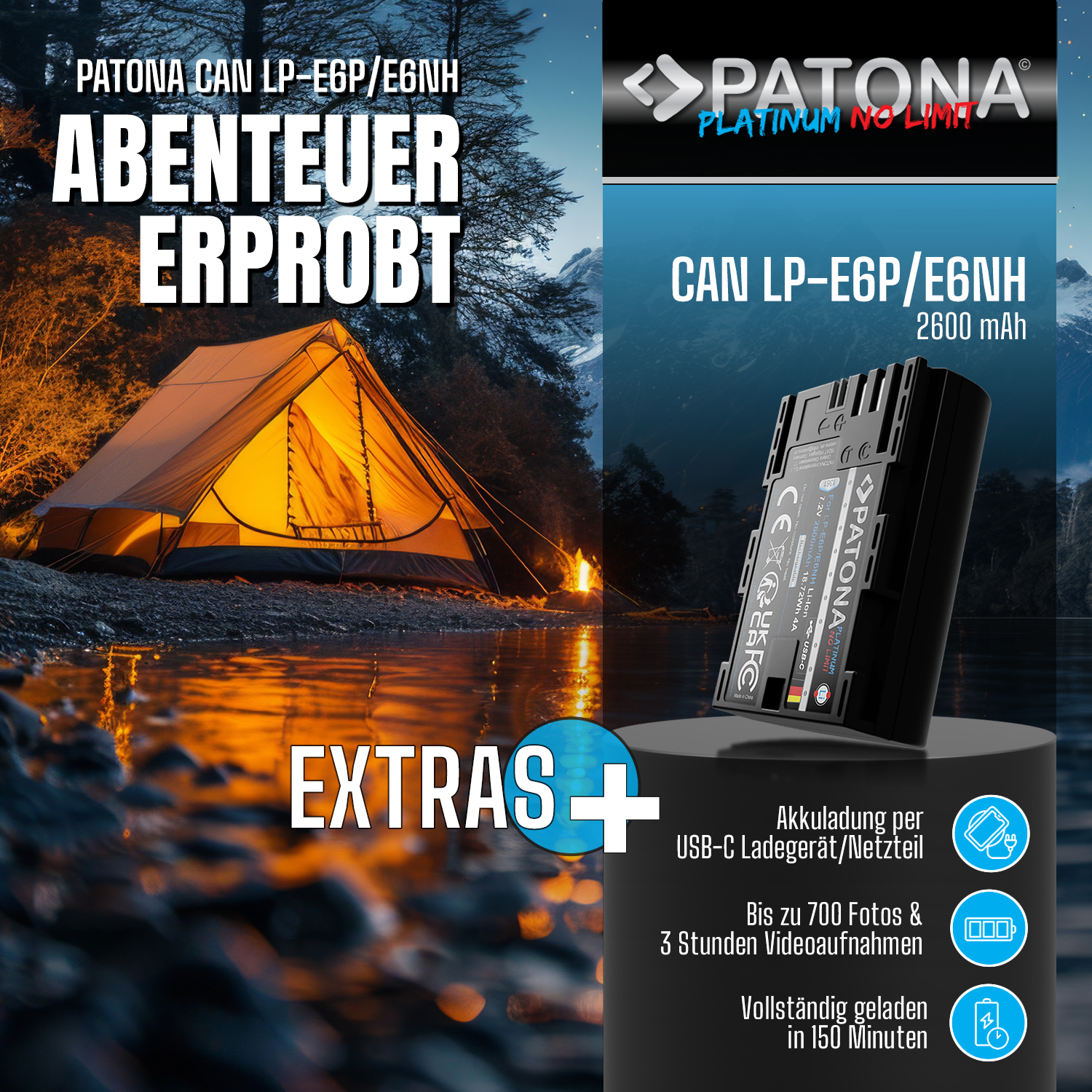 Akku ersetzt Canon LP-E6P, LP-E6NH, LP-E6N, LP-E6, 2600mAh mit USB-C Input