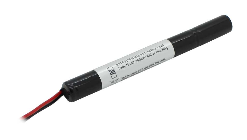 Notleuchtenakku 4.8V 500mAh, Ni-MH, L1x4 Lady N mit 200mm Kabel einseitig
